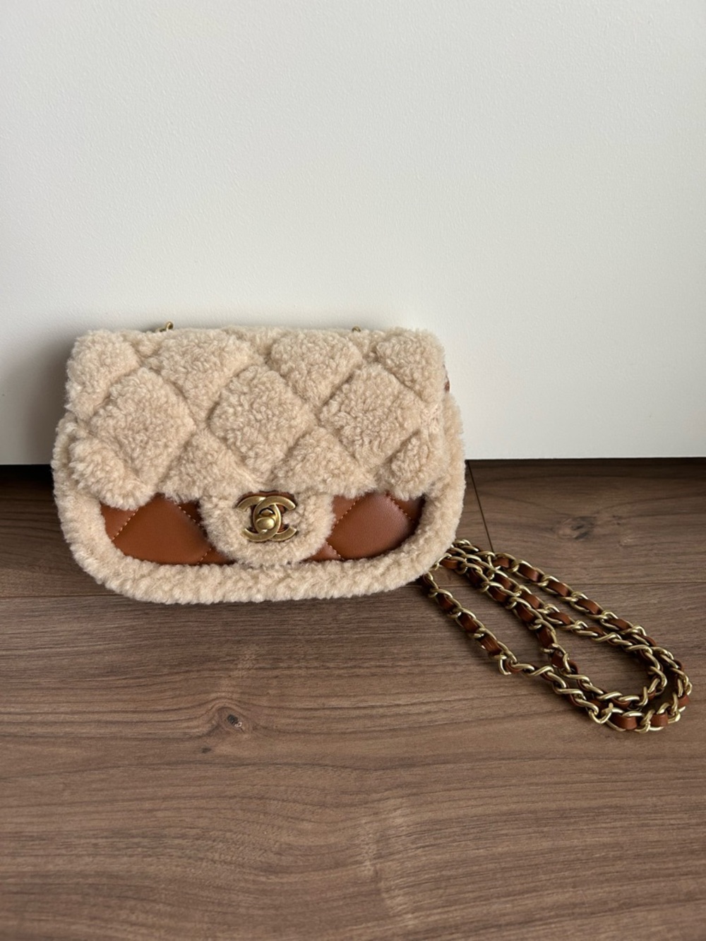 Cream Shearling and Tan Leather Quilted Cute Crossbody Bag